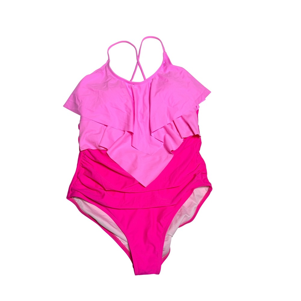 Pink Colorblock Ruffle One Piece Swimsuit Ruched Strappy Back Size M Monokini